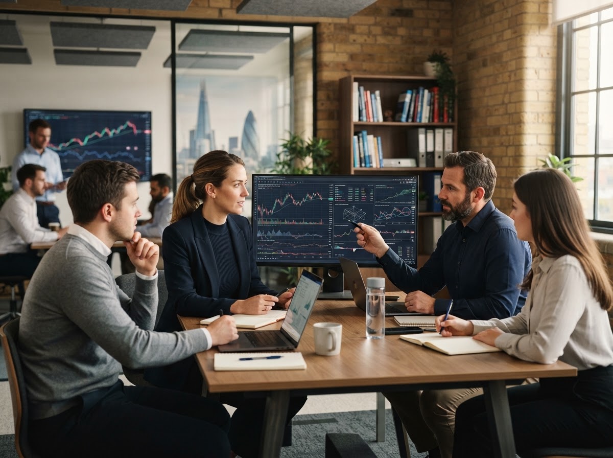 Trader360 Ai data analysts reviewing market intelligence dashboards